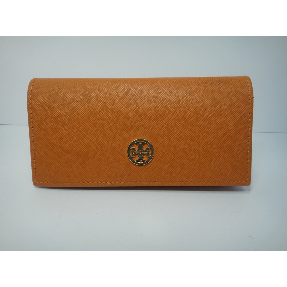 Tory Burch Robinson Orange Saffiano Leather Hard Shell Glasses Case Gold Logo